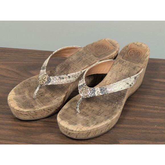 Tory Burch Suzy Cork Snake Print Thong Wedge Heel Sandals Women's 9 - Picture 2 of 9